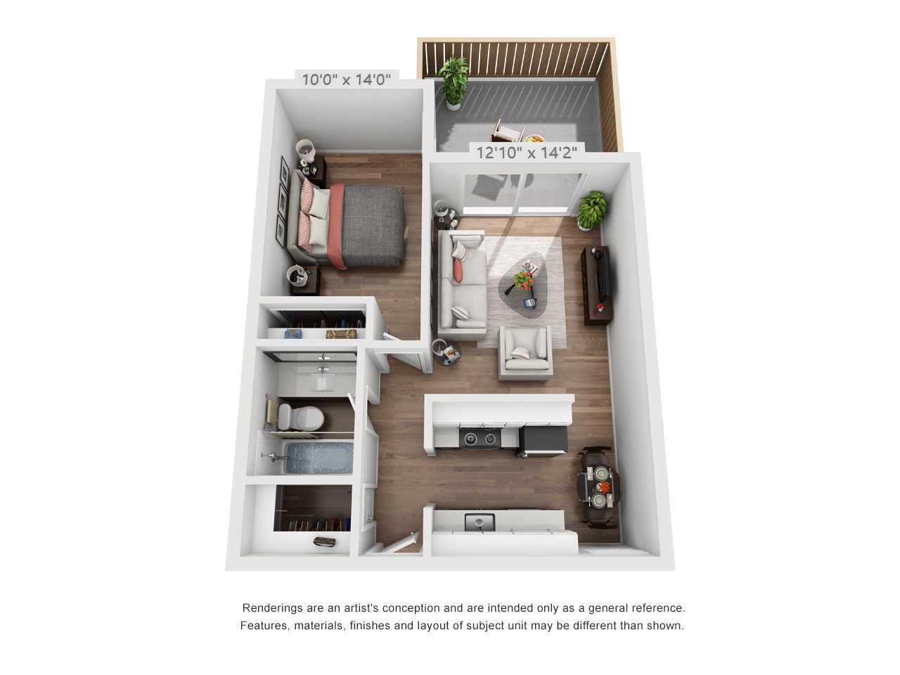 Floor plan for 1 bed, 1 bath, 617 sqft